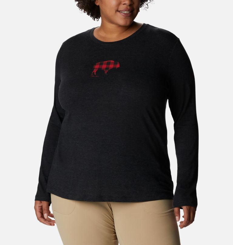 Thumbnail: T-shirt à manches longues Hidden Haven pour femme - Grandes tailles, Color: Black Heather, Range Roam Print, image 1