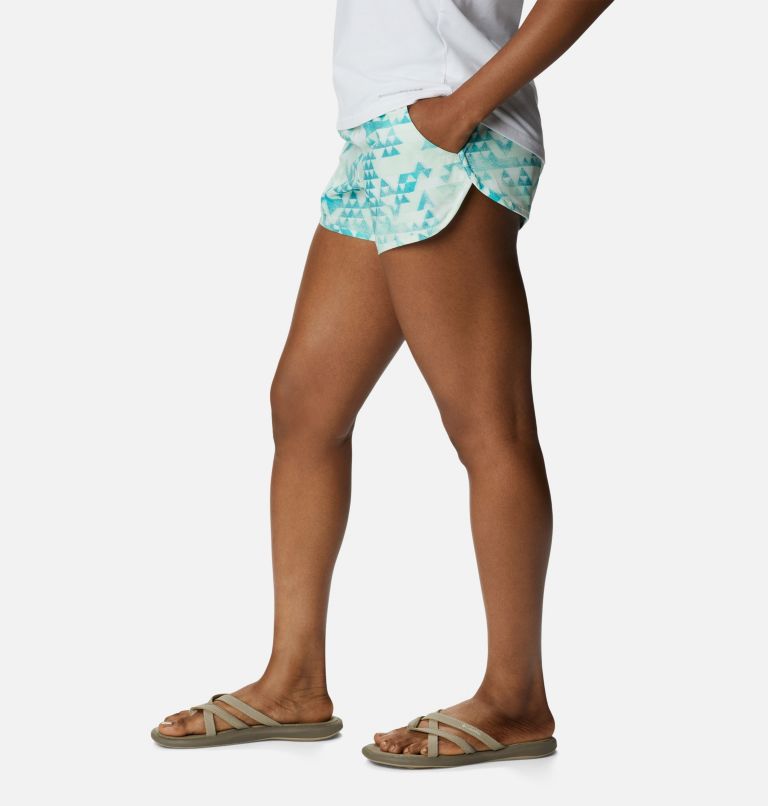 Women's Bogata Bay Stretch Printed Shorts, Color: Bright Aqua, Distant Peaks, image 3