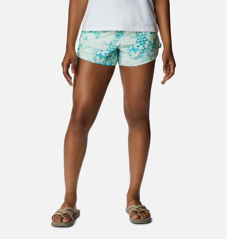 Thumbnail: Women's Bogata Bay Stretch Printed Shorts, Color: Bright Aqua, Distant Peaks, image 1