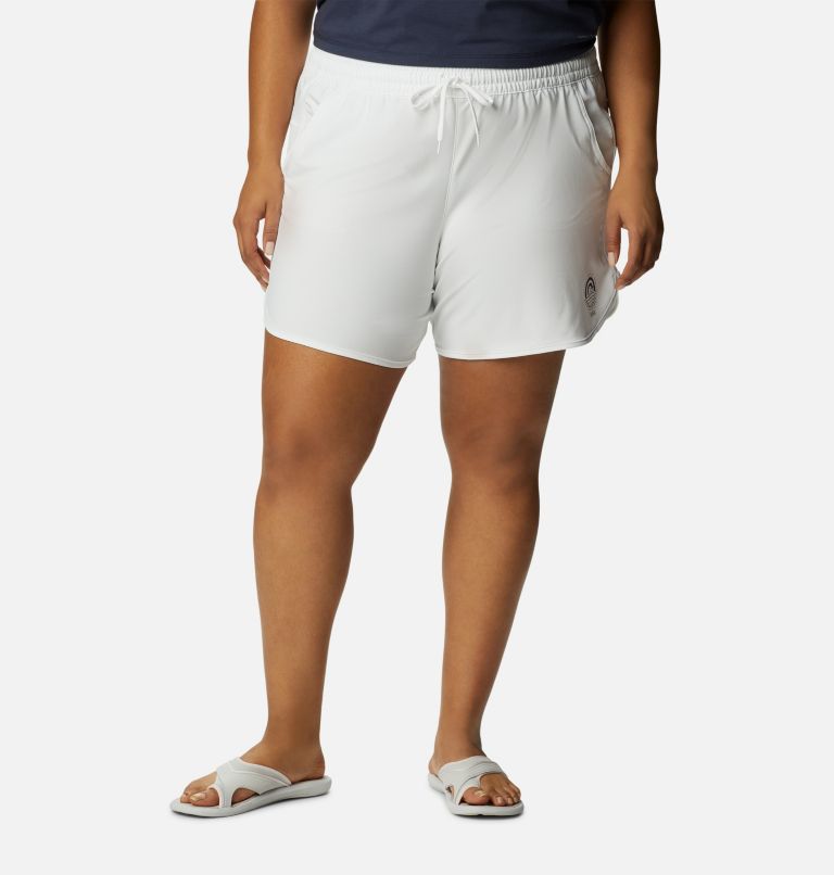 Thumbnail: Women's Bogata Bay Stretch Printed Shorts - Plus Size, Color: White, Established Waves, image 1