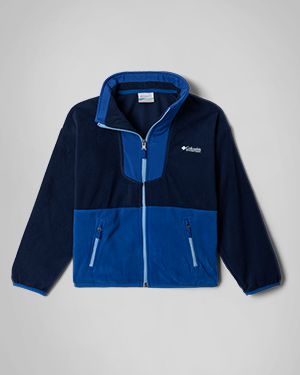 Flatlay of a kids' blue fleece jacket.