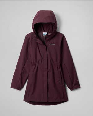Flatlay of a maroon kids' rain jacket.