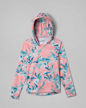 Flatlay of a brightly patterned kids' long-sleeve shirt.