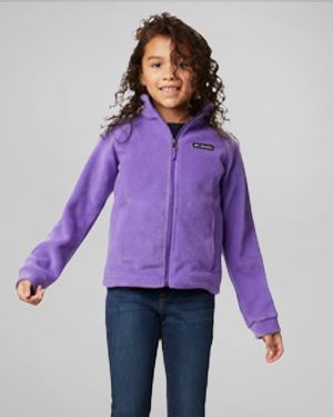 Little girl wearing a purple fleece jacket.