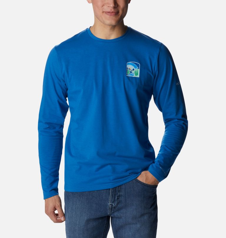 Men's Sun Trek Long Sleeve Graphic T-Shirt, Color: Bright Indigo, Suntrek Hills Chest, image 1