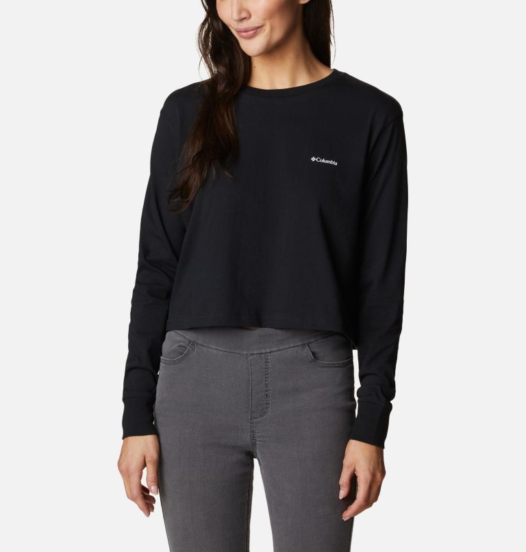 Thumbnail: Women’s North Cascades Graphic Cropped Long Sleeve T-Shirt, Color: Black, Boundless Graphic, image 1