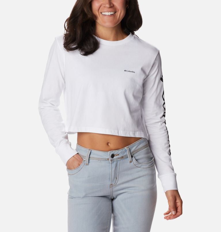 Women's North Cascades Long Sleeve Cropped T-Shirt, Color: White, Black