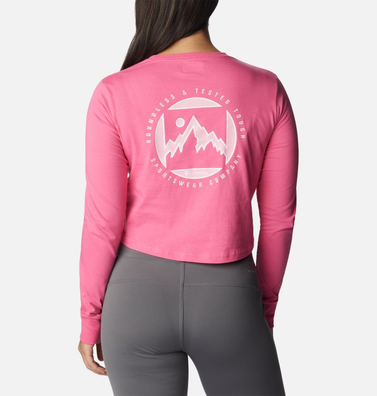 Women’s North Cascades Graphic Cropped Long Sleeve T-Shirt, Color: Wild Geranium, Boundless Graphic, image 2