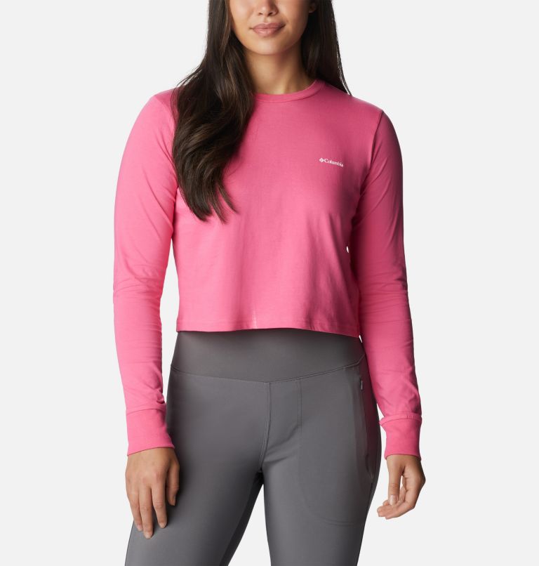 Women’s North Cascades Graphic Cropped Long Sleeve T-Shirt, Color: Wild Geranium, Boundless Graphic, image 1