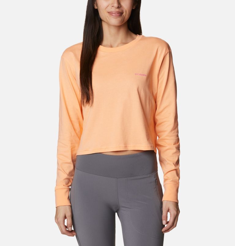Thumbnail: Women’s North Cascades Graphic Cropped Long Sleeve T-Shirt, Color: Peach, Boundless Graphic, image 1