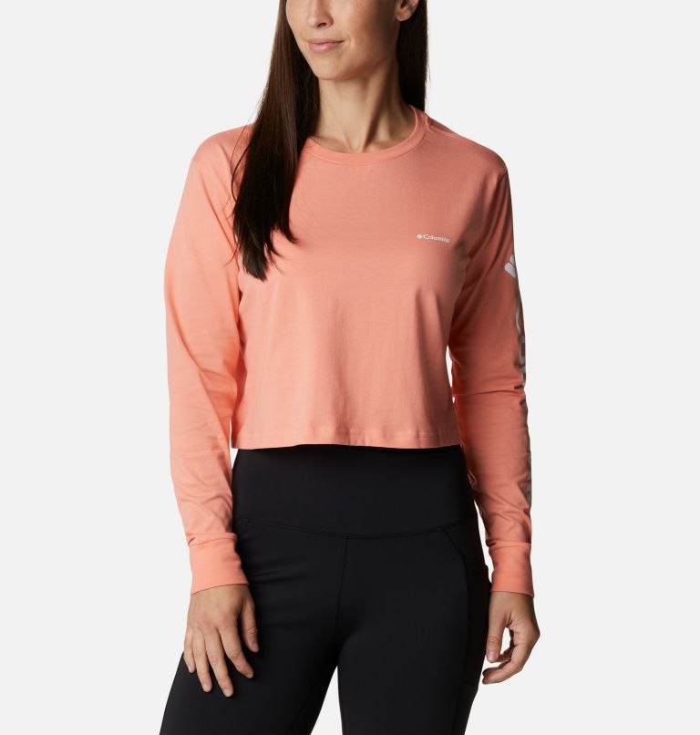 Women’s North Cascades Graphic Cropped Long Sleeve T-Shirt, Color: Coral Reef, White, image 1