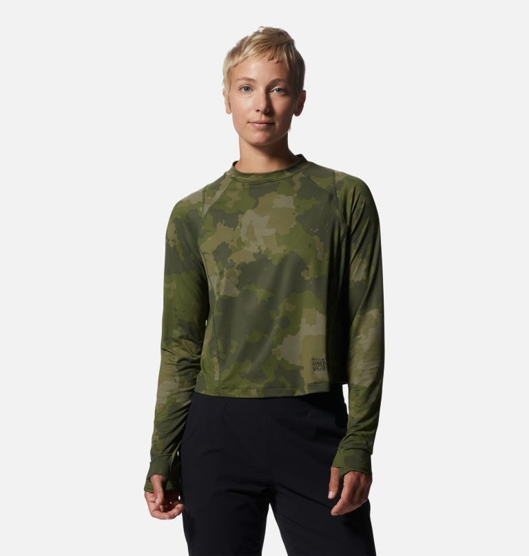 Women's Crater Lake Long Sleeve Crop, Color: Surplus Green Pines Camo, image 1