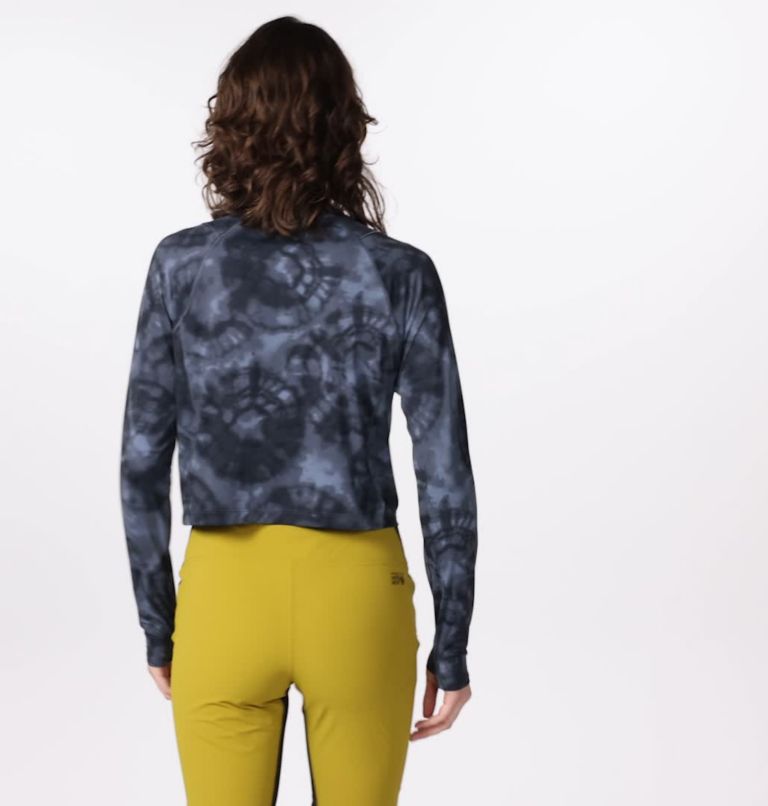 Women's Crater Lake Long Sleeve Crop, Color: Blue Slate Spore Dye Print