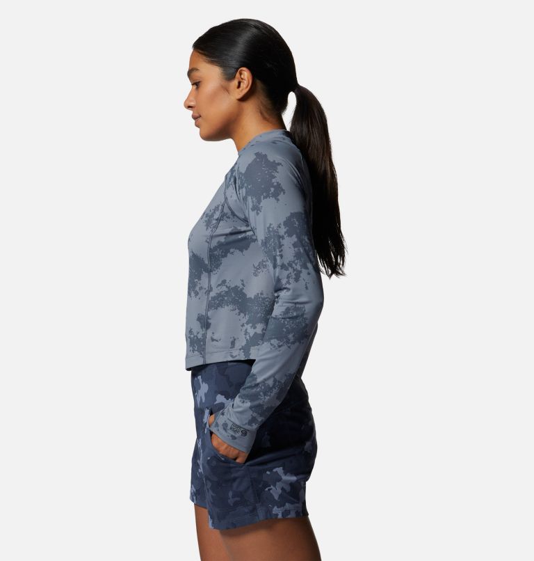 Women's Crater Lake Long Sleeve Crop, Color: Blue Slate Scattered Dye Print, image 3
