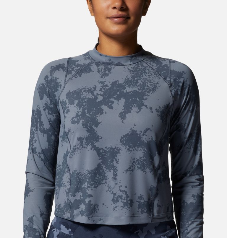 Women's Crater Lake Long Sleeve Crop, Color: Blue Slate Scattered Dye Print, image 4