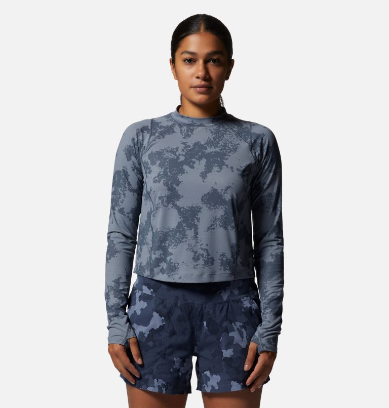 Women's Crater Lake Long Sleeve Crop, Color: Blue Slate Scattered Dye Print, image 1