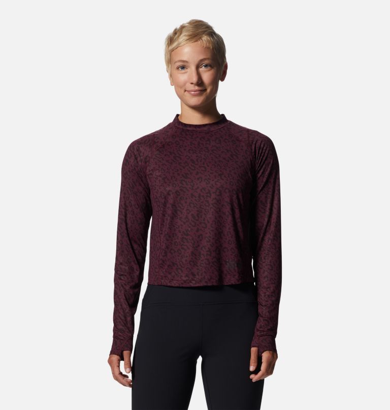 Women's Crater Lake Long Sleeve Crop, Color: Cocoa Red Wildcat Print, image 1