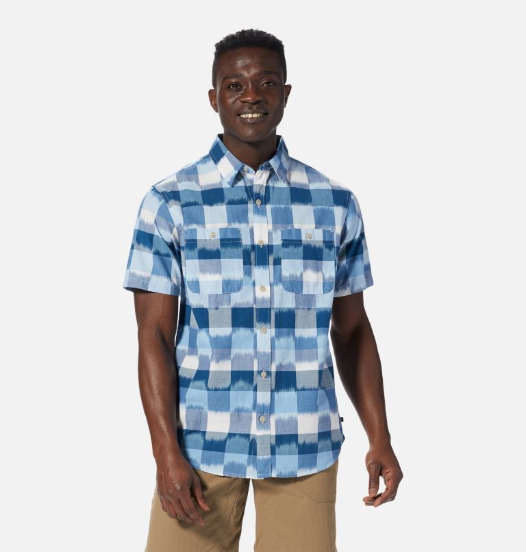 Men's Grove Hide Out Short Sleeve Shirt, Color: Hardwear Navy IKAT 3 YD Plaid, image 1
