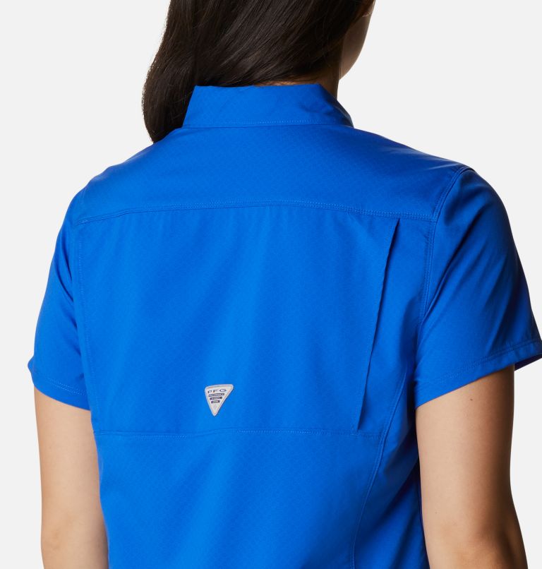 Women's PFG Cool Release Woven Short Sleeve Shirt, Color: Blue Macaw