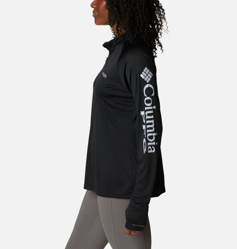 Women's PFG Tidal Tee Quarter Zip Long Sleeve Shirt, Color: Black, Cirrus Grey Logo, image 3