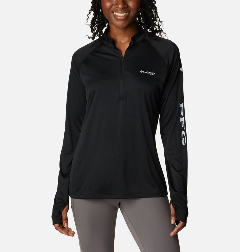 Thumbnail: Women's PFG Tidal Tee Quarter Zip Long Sleeve Shirt, Color: Black, Cirrus Grey Logo, image 1
