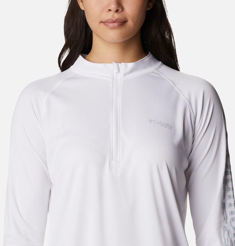 Thumbnail: Women's PFG Tidal Tee Quarter Zip Long Sleeve Shirt, Color: White, Cirrus Grey Logo, image 4