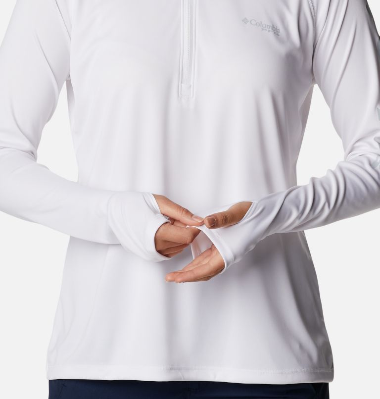 Women's PFG Tidal Tee Quarter Zip Long Sleeve Shirt, Color: White, Cirrus Grey Logo, image 6