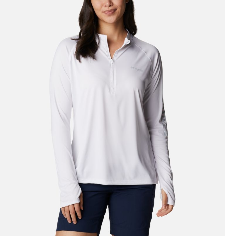 Women's PFG Tidal Tee Quarter Zip Long Sleeve Shirt, Color: White, Cirrus Grey Logo, image 1