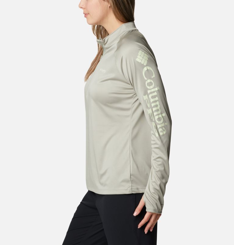 Thumbnail: Women's PFG Tidal Tee Quarter Zip Long Sleeve Shirt, Color: Safari, Light Lime Logo, image 3