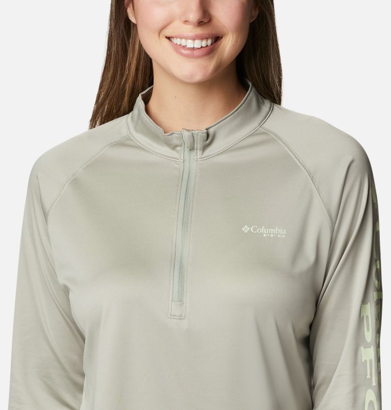 Women's PFG Tidal Tee Quarter Zip Long Sleeve Shirt, Color: Safari, Light Lime Logo, image 4