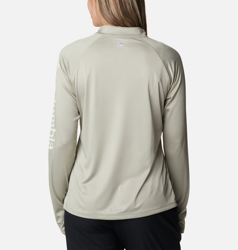 Women's PFG Tidal Tee Quarter Zip Long Sleeve Shirt, Color: Safari, Light Lime Logo, image 2