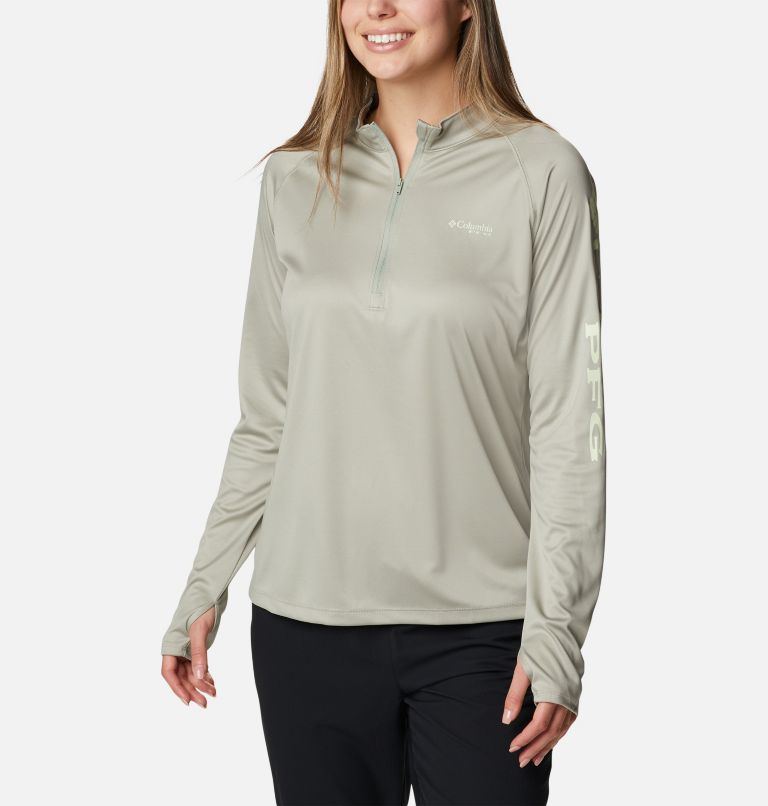Women's PFG Tidal Tee Quarter Zip Long Sleeve Shirt, Color: Safari, Light Lime Logo, image 1