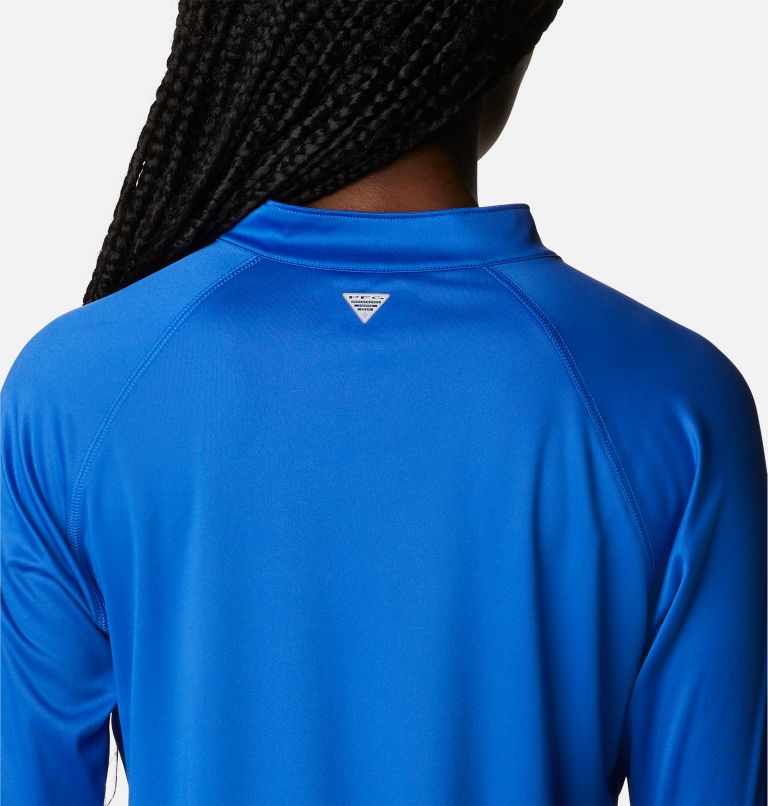 Women's PFG Tidal Tee Quarter Zip Long Sleeve Shirt, Color: Blue Macaw, Gulf Stream Logo, image 5