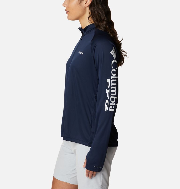 Women's PFG Tidal Tee Quarter Zip Long Sleeve Shirt, Color: Collegiate Navy, White Logo, image 3