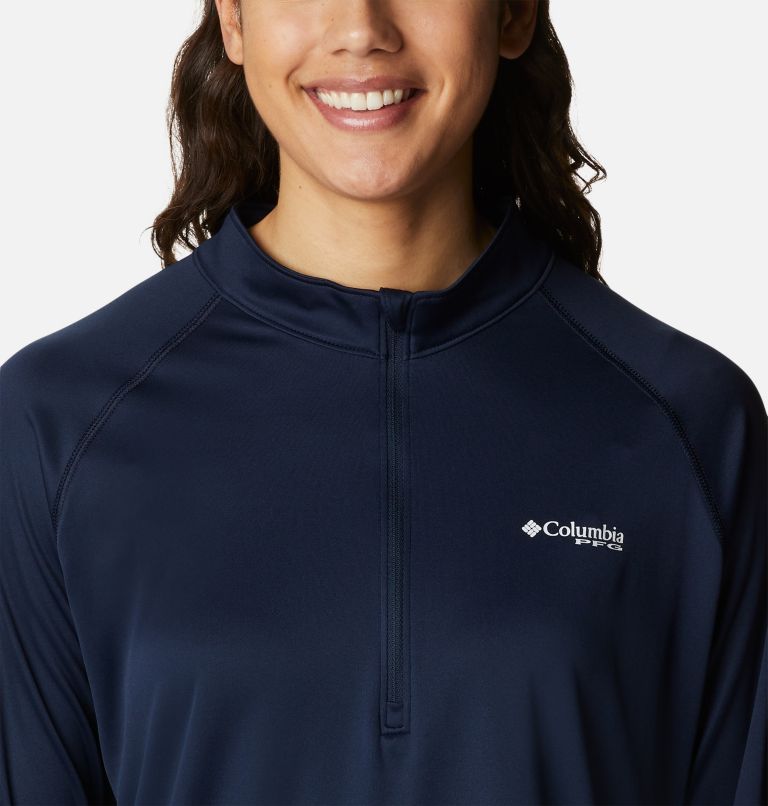 Women's PFG Tidal Tee Quarter Zip Long Sleeve Shirt, Color: Collegiate Navy, White Logo, image 4