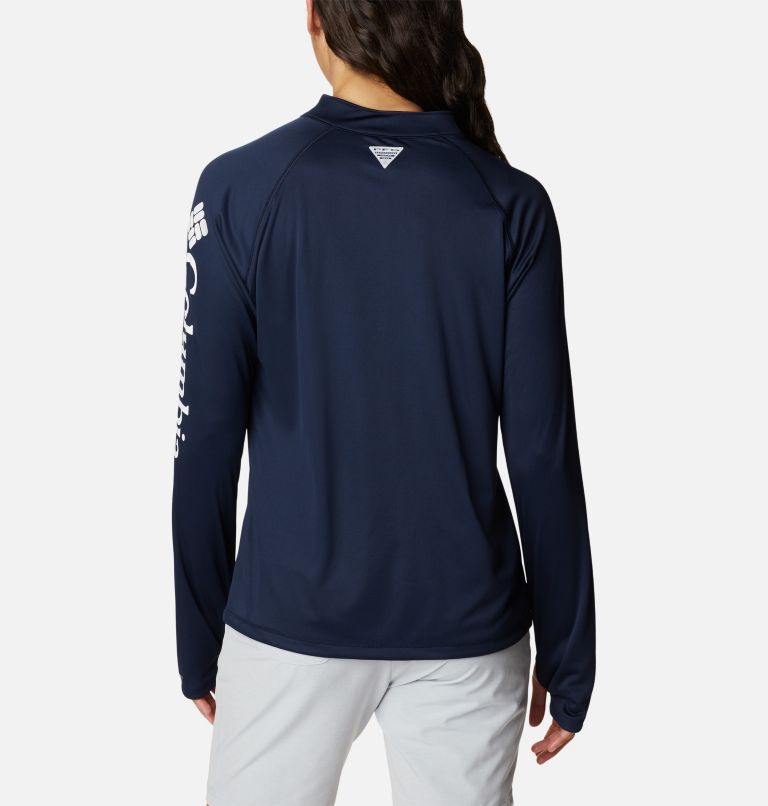 Women's PFG Tidal Tee Quarter Zip Long Sleeve Shirt, Color: Collegiate Navy, White Logo, image 2