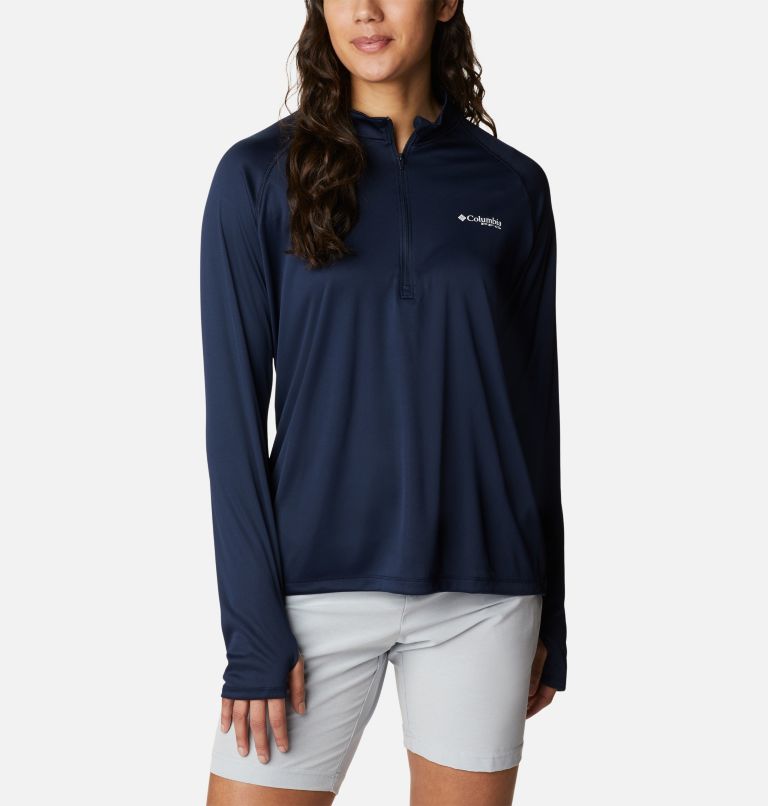 Women's PFG Tidal Tee Quarter Zip Long Sleeve Shirt, Color: Collegiate Navy, White Logo, image 1