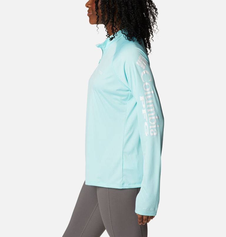 Thumbnail: Women's PFG Tidal Tee Quarter Zip Long Sleeve Shirt, Color: Gulf Stream, White Logo, image 3