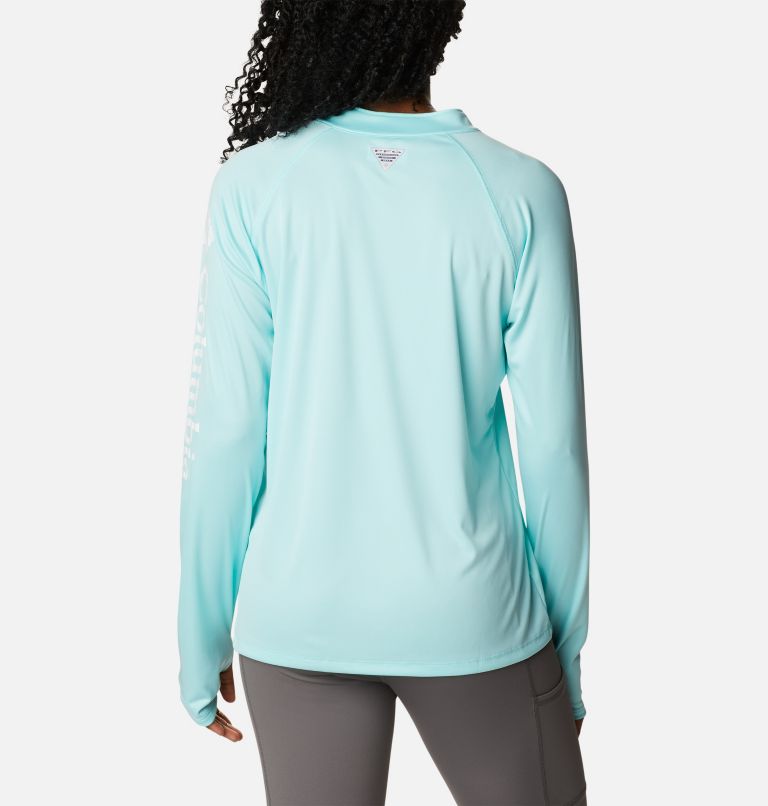 Thumbnail: Women's PFG Tidal Tee Quarter Zip Long Sleeve Shirt, Color: Gulf Stream, White Logo, image 2