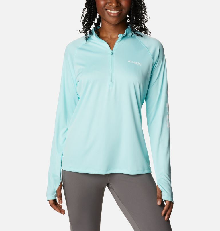 Women's PFG Tidal Tee Quarter Zip Long Sleeve Shirt, Color: Gulf Stream, White Logo, image 1