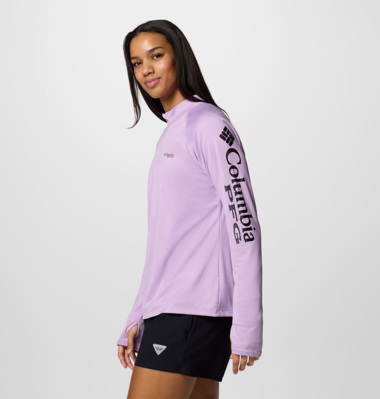 Women's PFG Tidal Tee Quarter Zip Long Sleeve Shirt, Color: Hydrangea, Black Logo, image 3
