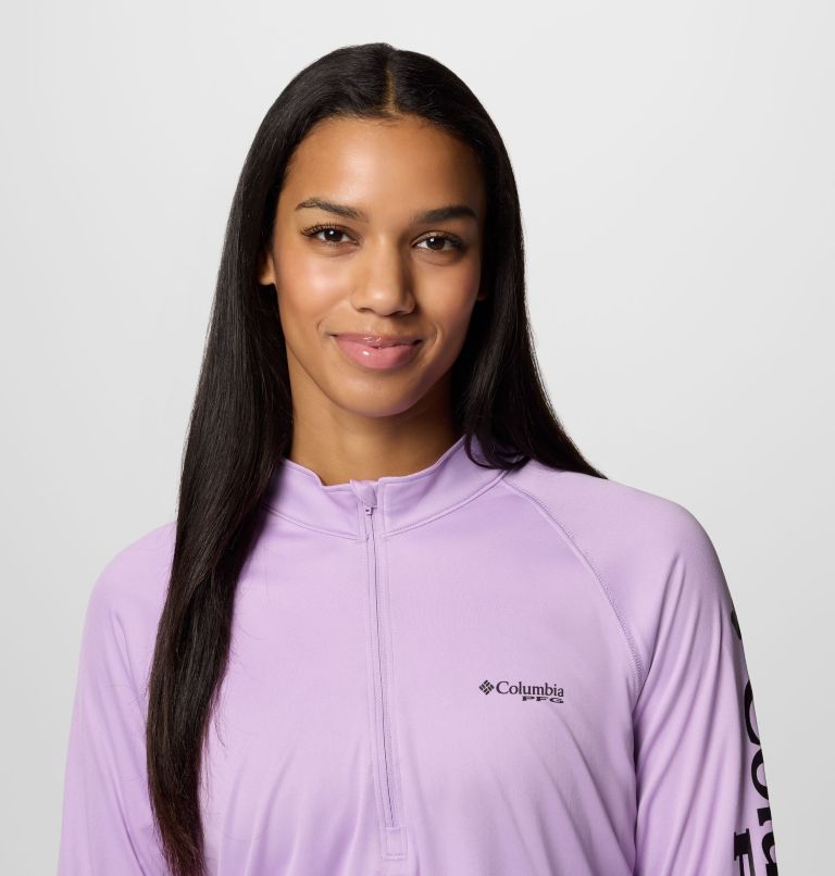 Women's PFG Tidal Tee Quarter Zip Long Sleeve Shirt, Color: Hydrangea, Black Logo, image 4