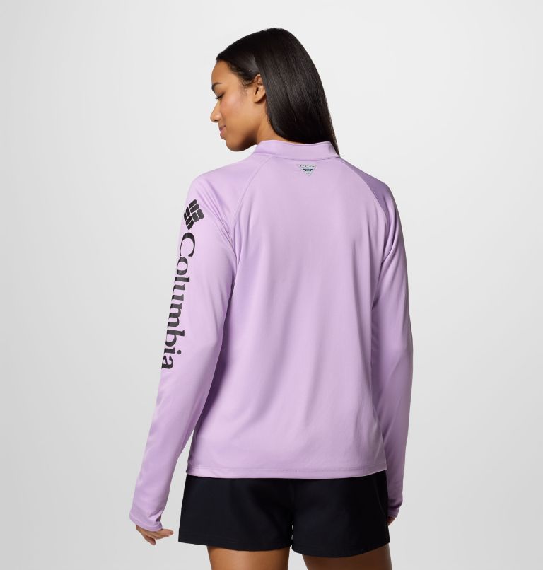Women's PFG Tidal Tee Quarter Zip Long Sleeve Shirt, Color: Hydrangea, Black Logo, image 2