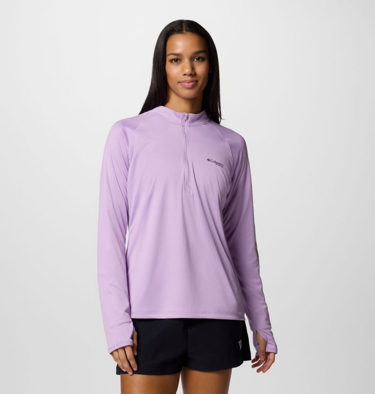 Women's PFG Tidal Tee Quarter Zip Long Sleeve Shirt, Color: Hydrangea, Black Logo, image 1