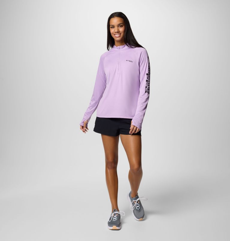 Women's PFG Tidal Tee Quarter Zip Long Sleeve Shirt, Color: Hydrangea, Black Logo, image 6