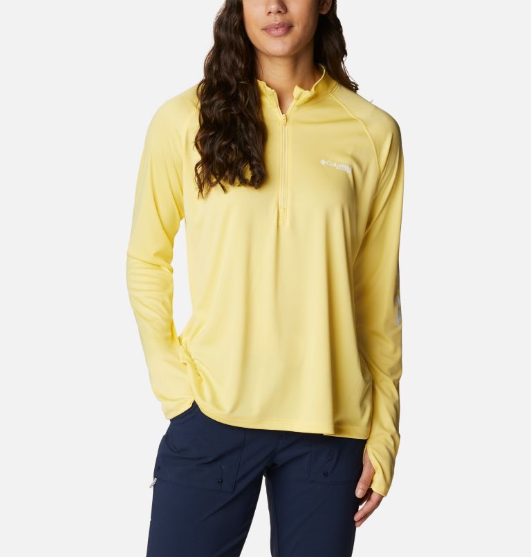 Thumbnail: Women's PFG Tidal Tee Quarter Zip Long Sleeve Shirt, Color: Sun Glow, White Logo, image 1