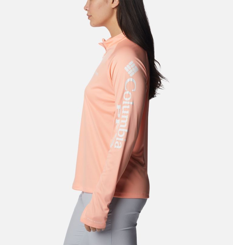 Women's PFG Tidal Tee Quarter Zip Long Sleeve Shirt, Color: Tiki Pink, White Logo, image 3