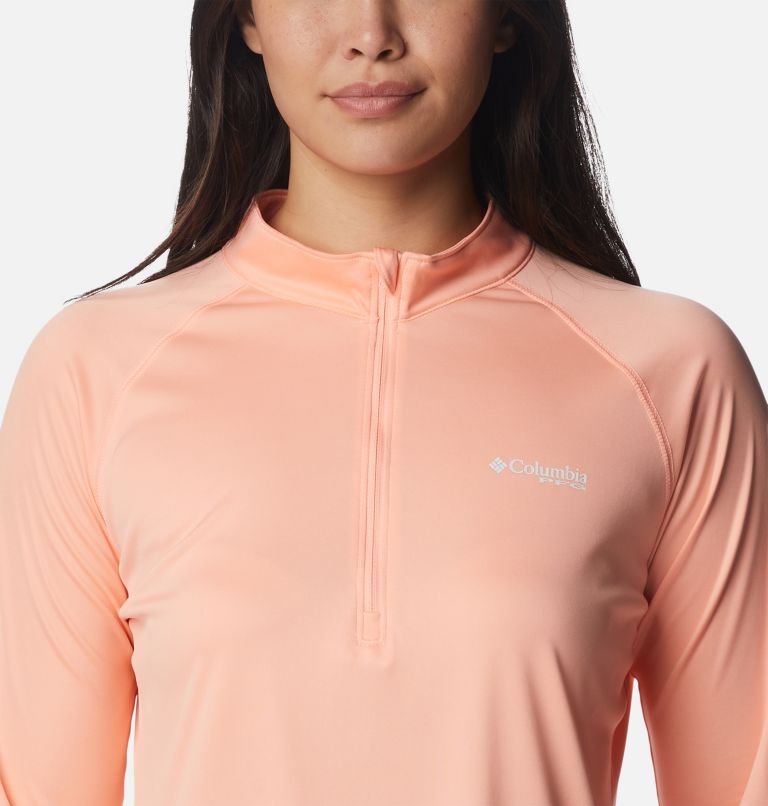 Women's PFG Tidal Tee Quarter Zip Long Sleeve Shirt, Color: Tiki Pink, White Logo, image 4