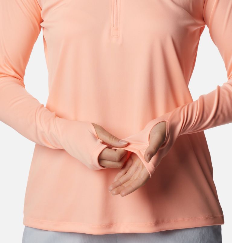 Women's PFG Tidal Tee Quarter Zip Long Sleeve Shirt, Color: Tiki Pink, White Logo, image 5