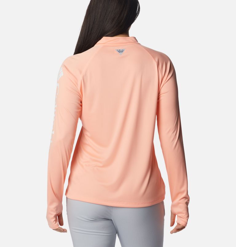 Women's PFG Tidal Tee Quarter Zip Long Sleeve Shirt, Color: Tiki Pink, White Logo, image 2